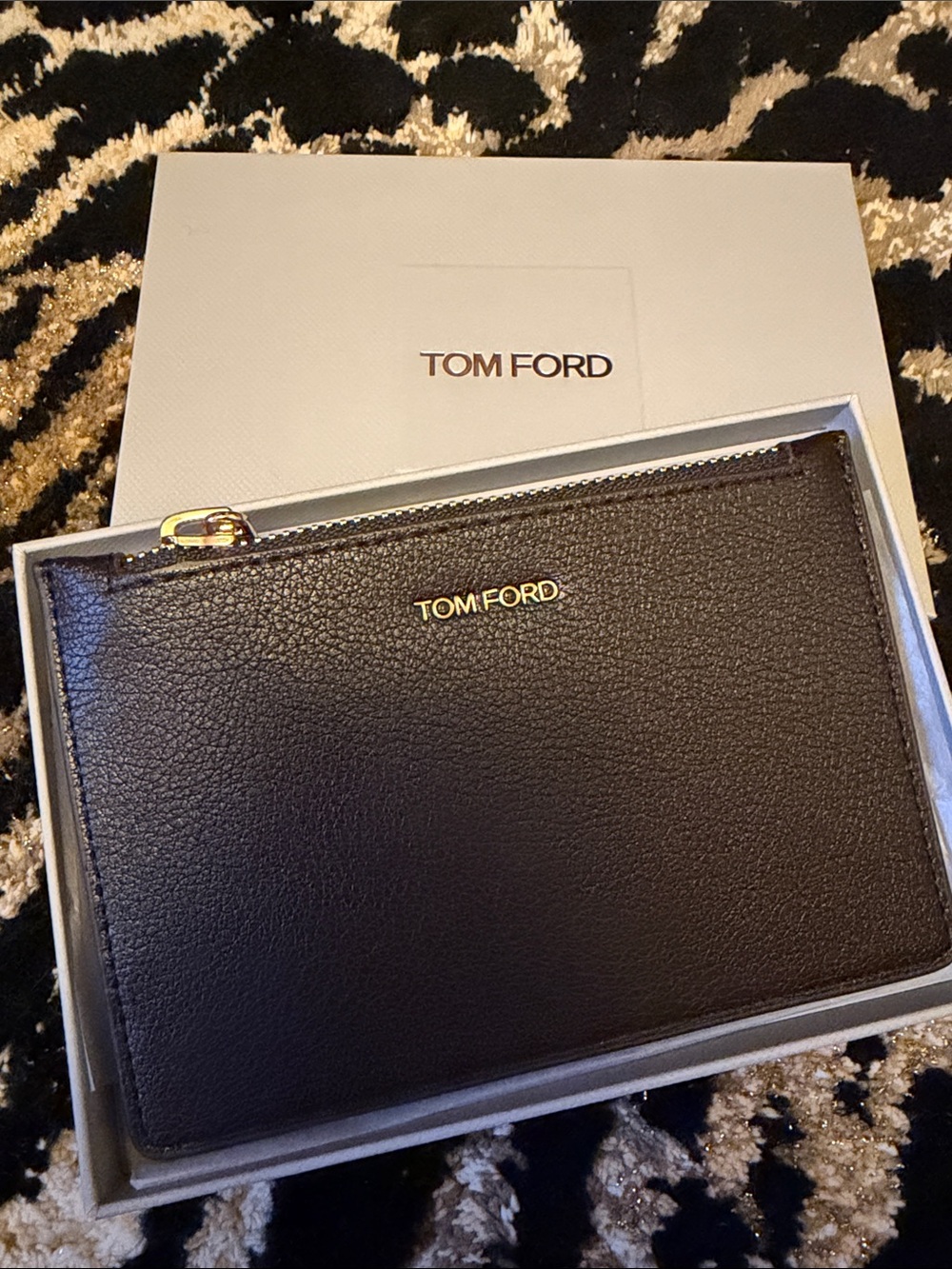 Tom Ford Black Pebbled Leather Zip Card Pouch with Gold Logo
